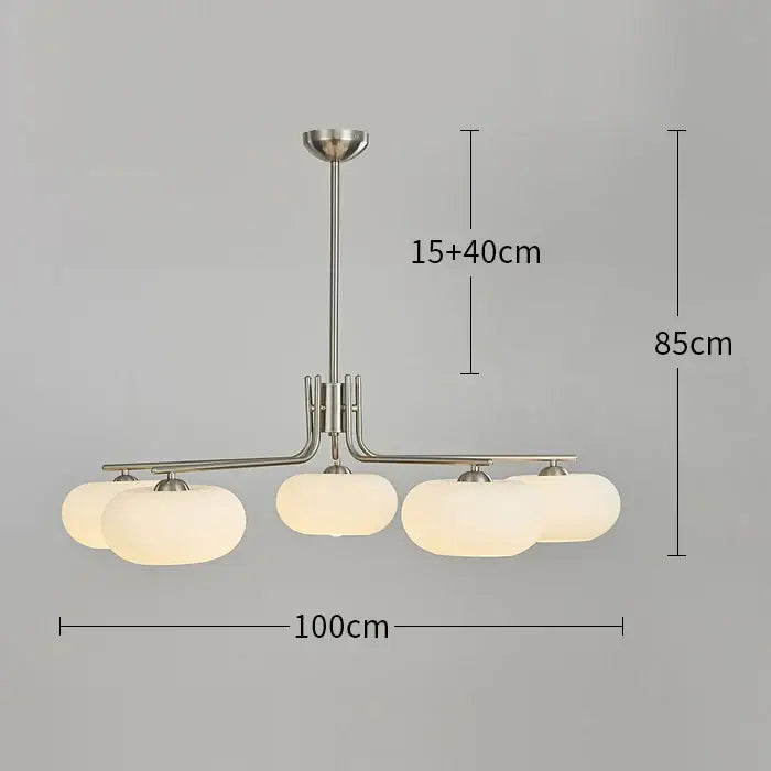 Modern brushed nickel glass persimmon chandelier with four frosted milk white glass globe shades for dining room lighting