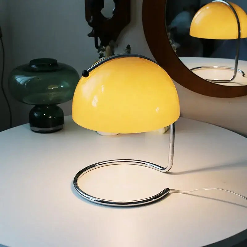 Vibrant yellow bauhaus mushroom modern led desk lamp with chrome base and curved stand for bedroom aromatherapy