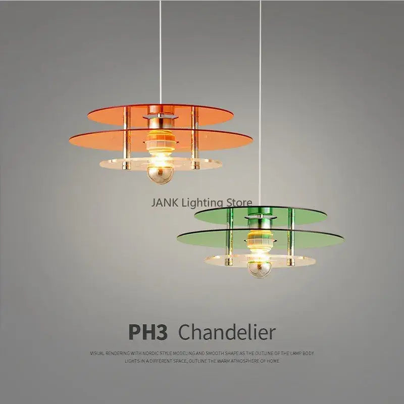 Modern bauhaus ph ufo pendant acrylic chandelier with orange and green tiered glass and metallic frame for dining room