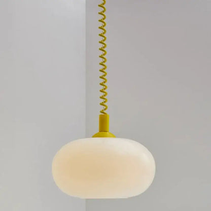 Bauhaus glass pendant light with matte yellow spiral cord and frosted white oval shade for dining room lighting