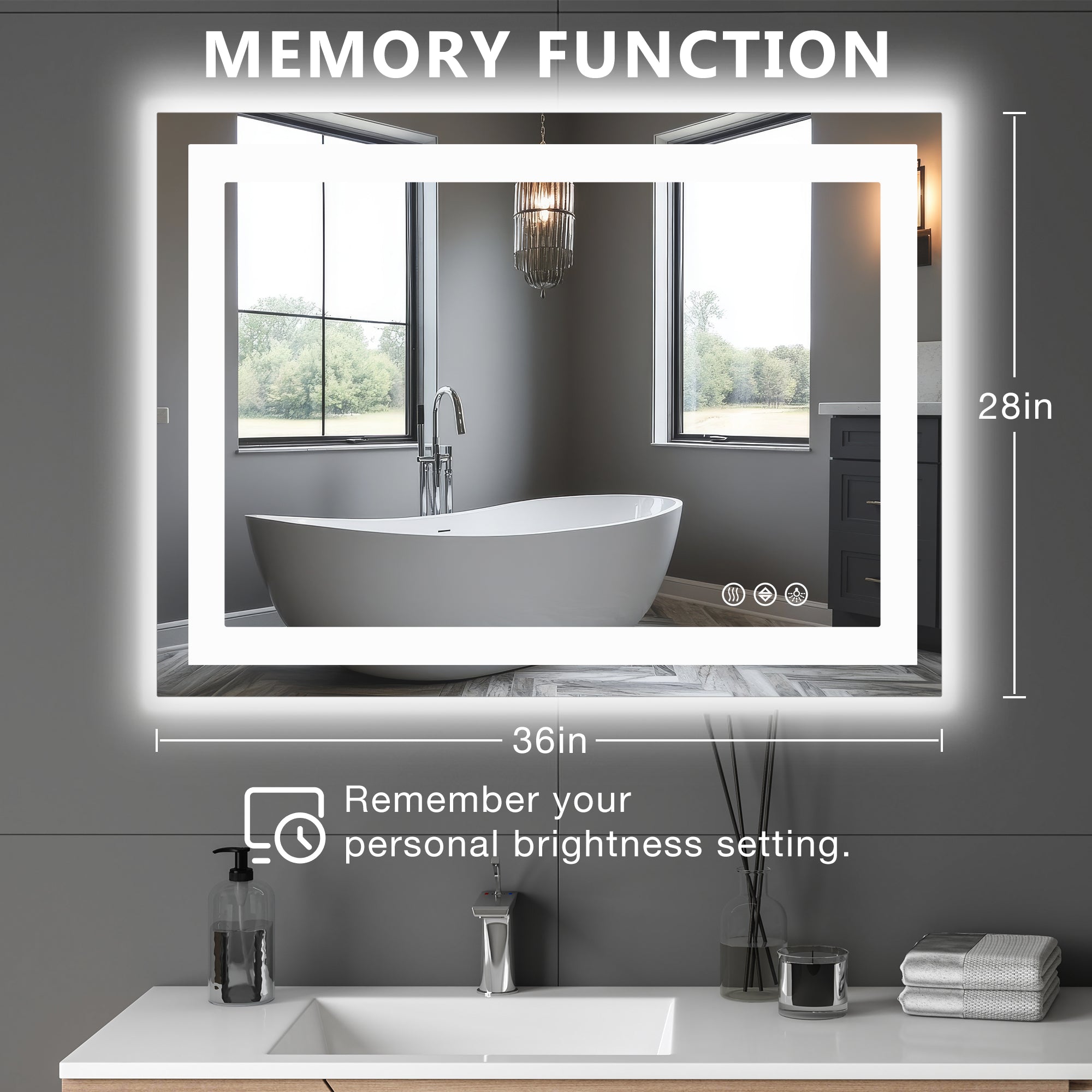 LED Anti-Fog Bathroom Mirror 28x36 Three Modes