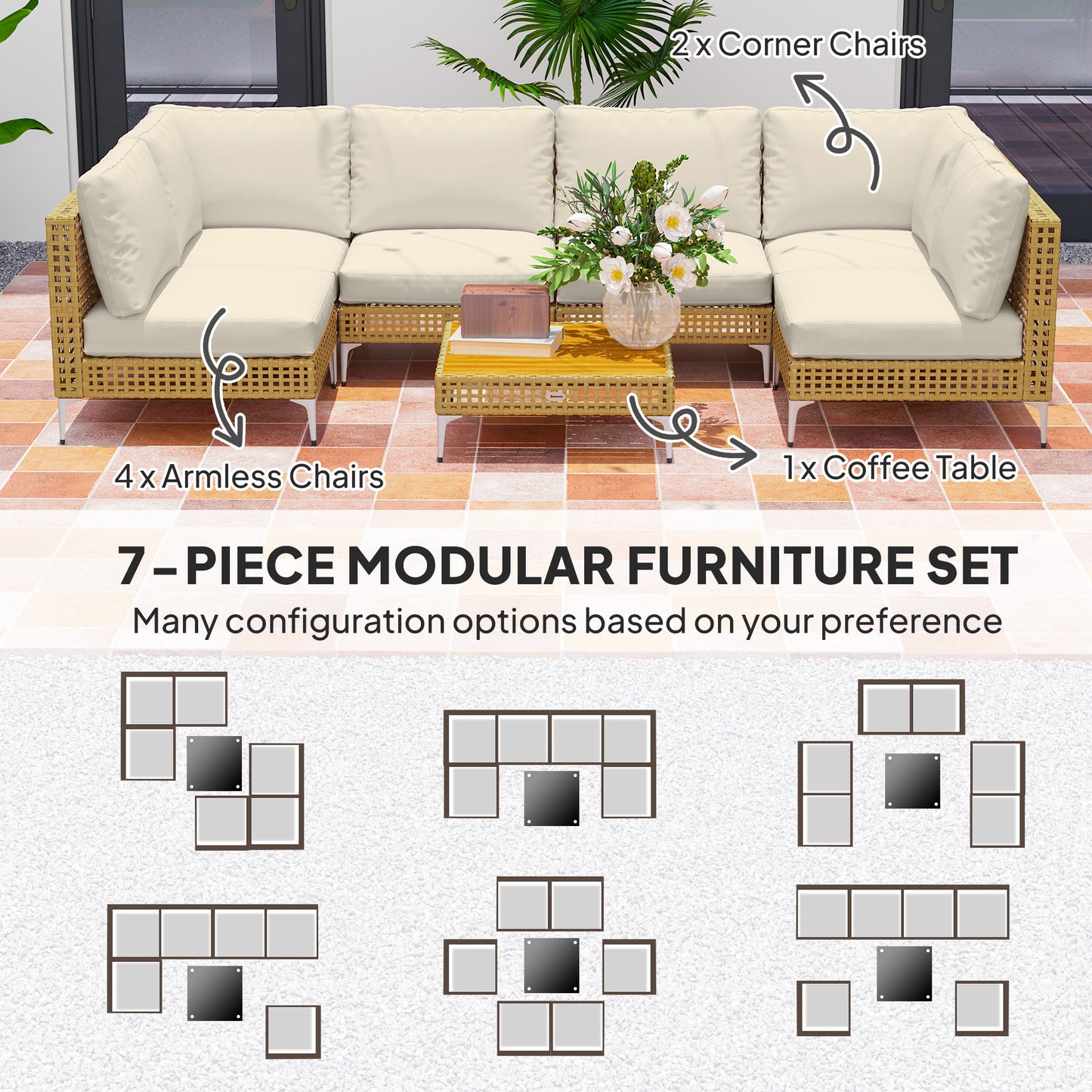 7-teiliges Korbmöbel-Set für die Terrasse, modulares Außensofa mit verdickten Polstern, Tisch aus Akazienholz, Khakibeige
