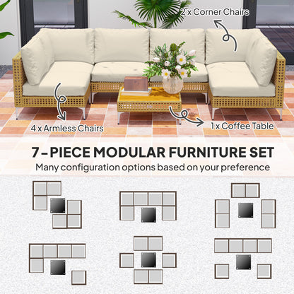 7-teiliges Korbmöbel-Set für die Terrasse, modulares Außensofa mit verdickten Polstern, Tisch aus Akazienholz, Khakibeige