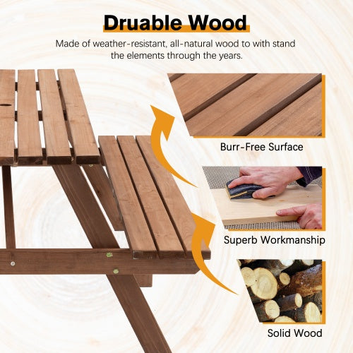 8-Person-Brauner Holztisch für Picknick, Outdoor-Camping-Esstisch mit 2 Sitzen, Garten, DIY mit 2 integrierten Bänken, Tragfähigkeit 2220 lb