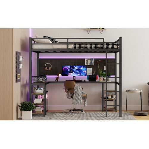 Vollständiges XL Metall-Hochbett mit Schreibtisch und Regalen, Hochbett mit Leiter und Geländern, Hochbett-Rahmen für das Schlafzimmer, Schwarz