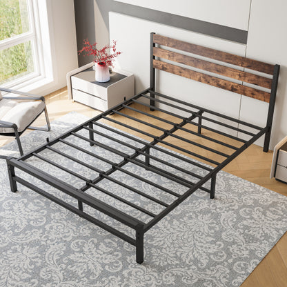 Queen-Size-Platform-Bettgestell mit rustikalem, vintage Holz-Kopfteil, starke Metallleisten stützen die Matratzenunterlage, keine Boxspring-Federkern erforderlich, rustikales Braun