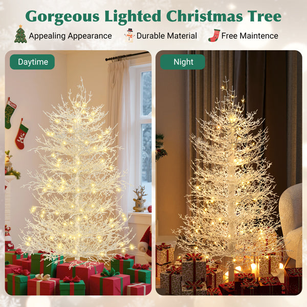 4FT Vorbeleuchteter Aspen-Fir-Künstlicher Weihnachtsbaum, Scharnierter Weihnachtsbaum mit 280 Schnee-bestäubten Astspitzen, 230 Warmweißen LED-Lichtern, Feiertags-Korallen-Weihnachtsbaum für Zuhause und Party