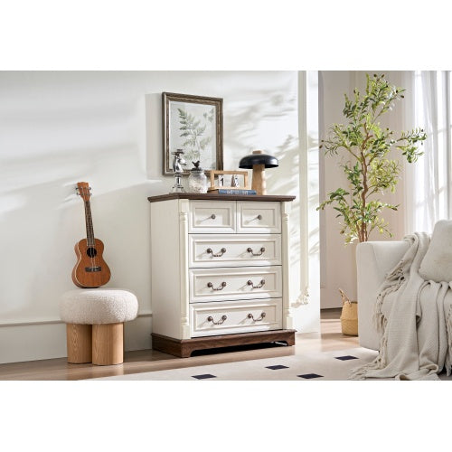 Landhaus-Stil 5-Schubladen-Kommode mit Basis, Holzschnitzerei rustikale Schubladenschrank, Aufbewahrungskommode für Schlafzimmer, Wohnzimmer, schön robust und langlebig