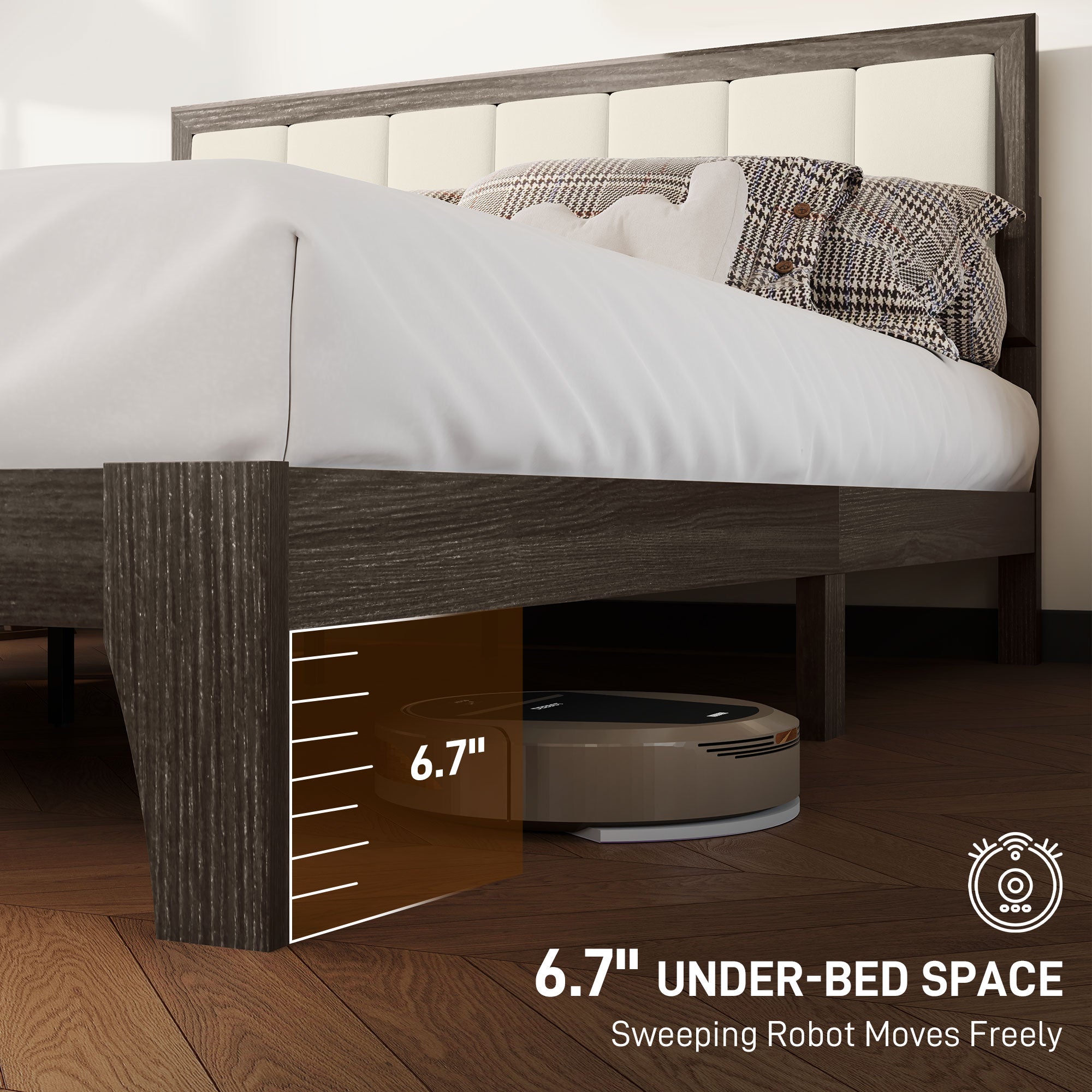 Bettgestell Queen-Size mit Kopfteil, Plattform-Bettgestell mit Holzlatten, kein Boxspring nötig, Anthrazitgrau