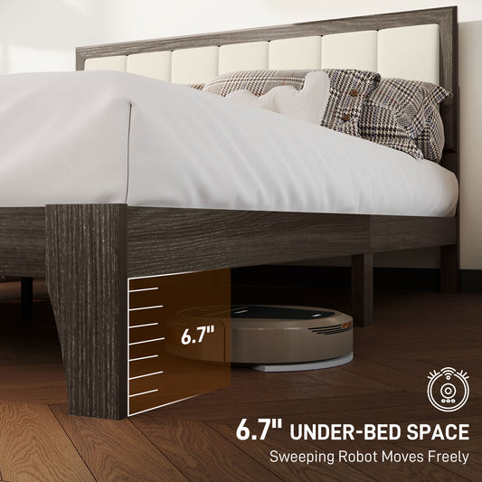Bettgestell Queen-Size mit Kopfteil, Plattform-Bettgestell mit Holzlatten, kein Boxspring nötig, Anthrazitgrau