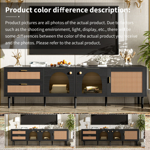 Rattan-Fernsehtisch mit 3 Schränken & 2 Schubladen, Rattan-inspirierte Medienkonsole für Fernseher bis zu 80 Zoll, LED-Licht-Unterhaltungszentrum, TV-Schrank für Wohnzimmer, Schlafzimmer, Heimkino