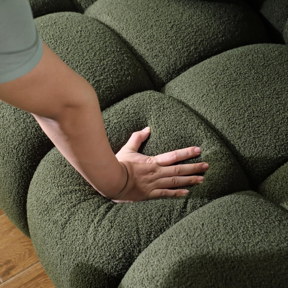 87,4 Länge, 35,83 Zoll Tiefe, menschliche Körperstruktur für US-Amerikaner, Marshmallow-Sofa, Bouclé-Sofa, 3-Sitzer, OLIVGRÜN BOUCLE