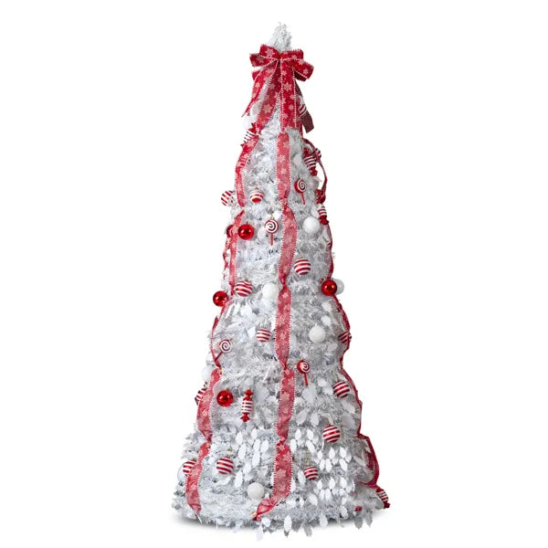7 FT Vollständig Dekorierter Vorbeleuchteter Weihnachtsbaum, Pop-Up Künstlicher Xmas-Baum mit 170 Warmen Lichtern und Roten Kugeln für Zuhause, Büro, Laden und Feiertagsdekoration, Weiß
