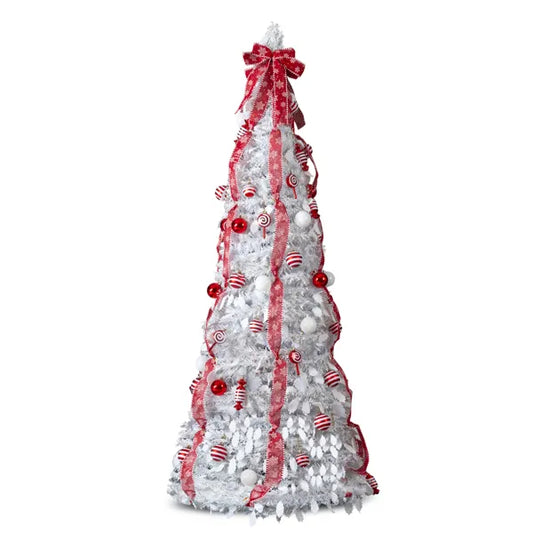 7 FT Vollständig Dekorierter Vorbeleuchteter Weihnachtsbaum, Pop-Up Künstlicher Xmas-Baum mit 170 Warmen Lichtern und Roten Kugeln für Zuhause, Büro, Laden und Feiertagsdekoration, Weiß