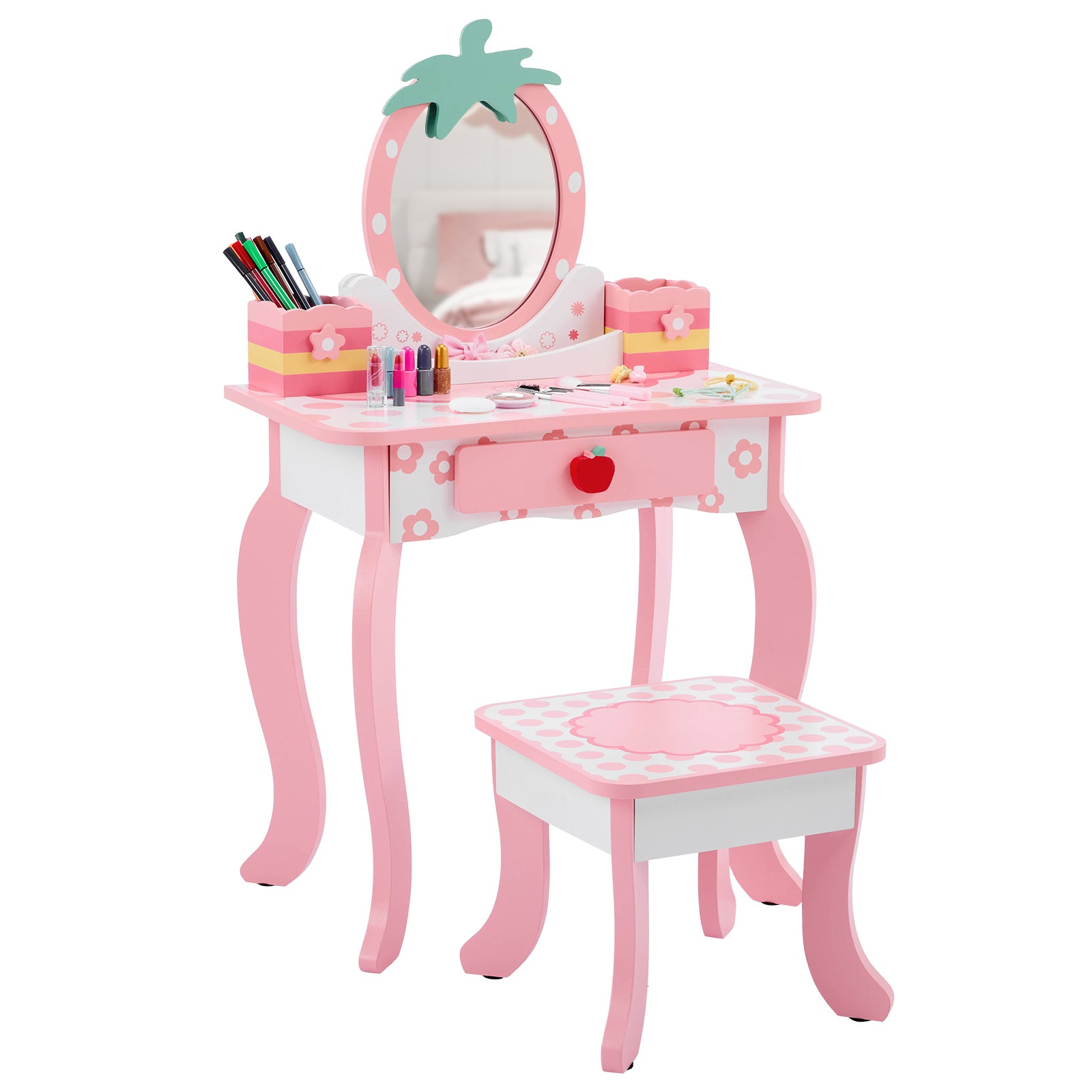 Weißes MDF, sprüh lackiertes 1-Schubladen-2-Arbeitsplatten-Speicherbox-Kinder-Ankleidetisch-Set mit Apfel-Druck