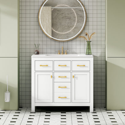 36'' Bathroom Vanity With Ceramic Sink Combo Set,Modern Freestanding Single Bathroom Cabinet With 4 Drawers & 2 Cabinets,Storage Cabinet For Bathroom, Solid Wood Frame Vanity Set, White