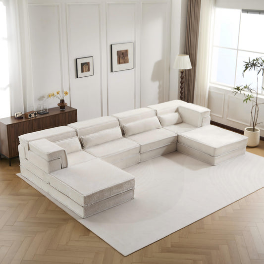 Kompressions-Mahjong-Sofa, umklappbares Boden-Sofabett, DIY knochenloses modulares Sektionssofa, keine Montage erforderlich, Kreis-Fleece-Stoff, überdimensioniertes 4-Sitzer-Sofa mit 2 Hocker, Weiß