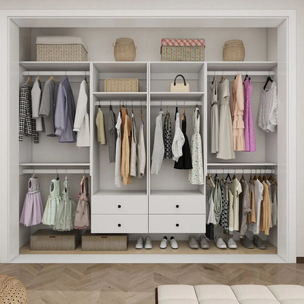 Schrankorganisationssystem, Wandmontierter Schrankaufbewahrungsbereich mit Schubladen und Regalen, Schrankaufbewahrung für das Schlafzimmer, Weiß