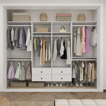 Schrankorganisationssystem, Wandmontierter Schrankaufbewahrungsbereich mit Schubladen und Regalen, Schrankaufbewahrung für das Schlafzimmer, Weiß