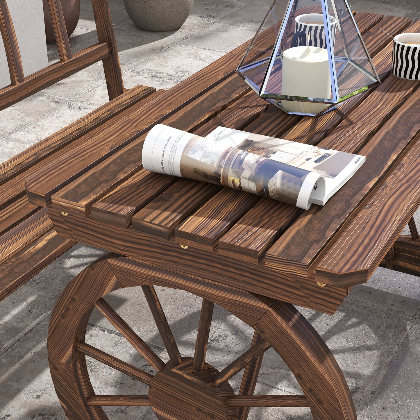 Gartentisch und Stühle für 4 Personen, Wagenrad-Design, Outdoor-Möbelset für Garten, Hinterhof, karbonisiert