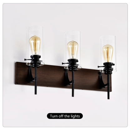 3-Lichtiges mattschwarzes Holzfarbenes Badezimmerleuchten-Set, moderne Waschtischleuchten mit Glasschirm, vintage Badezimmerleuchte über dem Spiegel Wandlichter für Küche, Esszimmer, Schlafzimmer, Flur