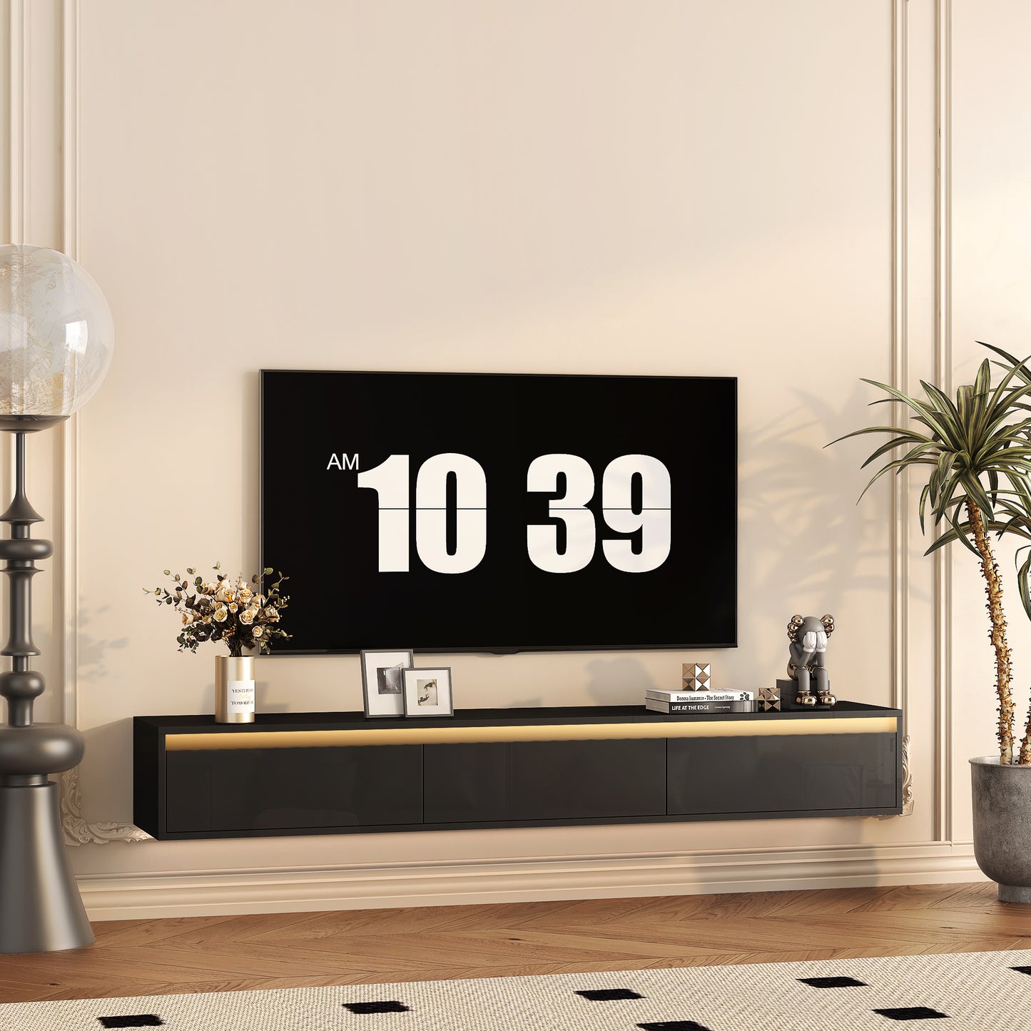 Schwebender TV-Ständer, Wandmontierter TV-Regal mit LED-Lichtern & Stromsteckdose, Hochglänzender TV-Schrank für schwarze TV-Ständer für das Wohnzimmer