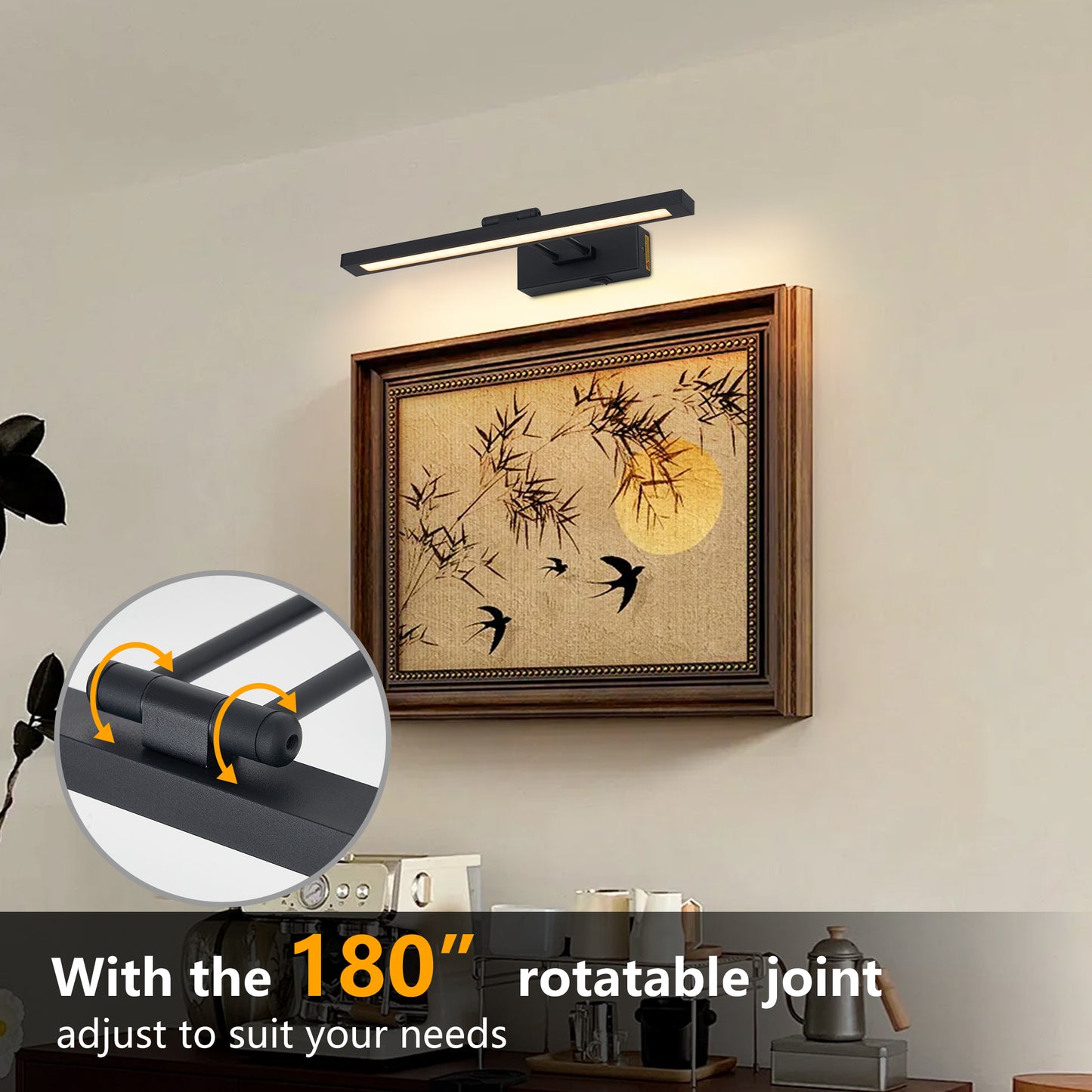 Bildbeleuchtung batteriebetrieben mit Fernbedienung, LED-Schwarz-Kunstlichter für Gemälde, wiederaufladbar, dimmbar und mit Timer, 16-Zoll-Wandleuchte für Kunstgemäldegalerie, verstellbarer Schwingarm für Ausstellungen