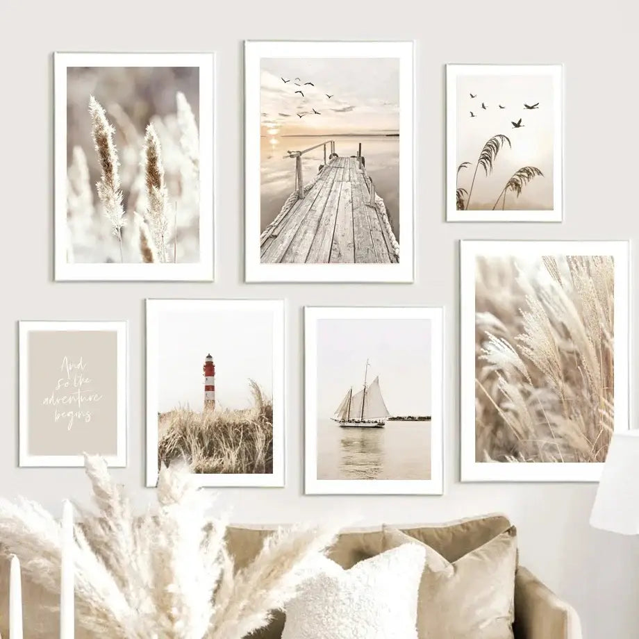 Set of six framed beach landscape wall art prints in soft beige and muted tones for elegant home decor