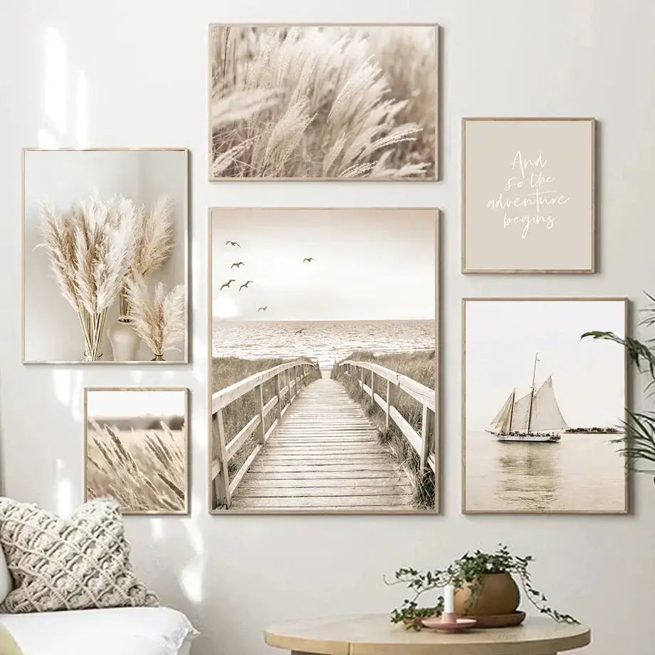 Set of six framed beige-toned DecorBites™ beach landscape wall art prints featuring coastal scenes and pampas grass for home decor