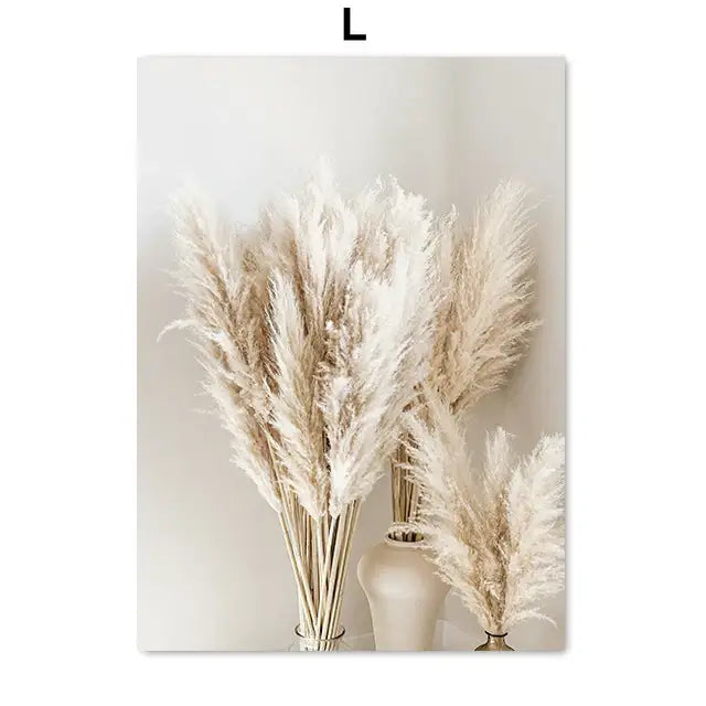 DecorBites™ beach landscape wall art with feathery beige dried pampas grass in ceramic vases for home decor