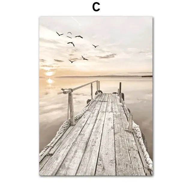 DecorBites™ beach landscape canvas wall art features a weathered wooden dock with rope railings for home decor