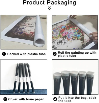 Roll-up canvas painting with vibrant graffiti-style blue forest canvas wall art in a protective plastic tube by decorbites