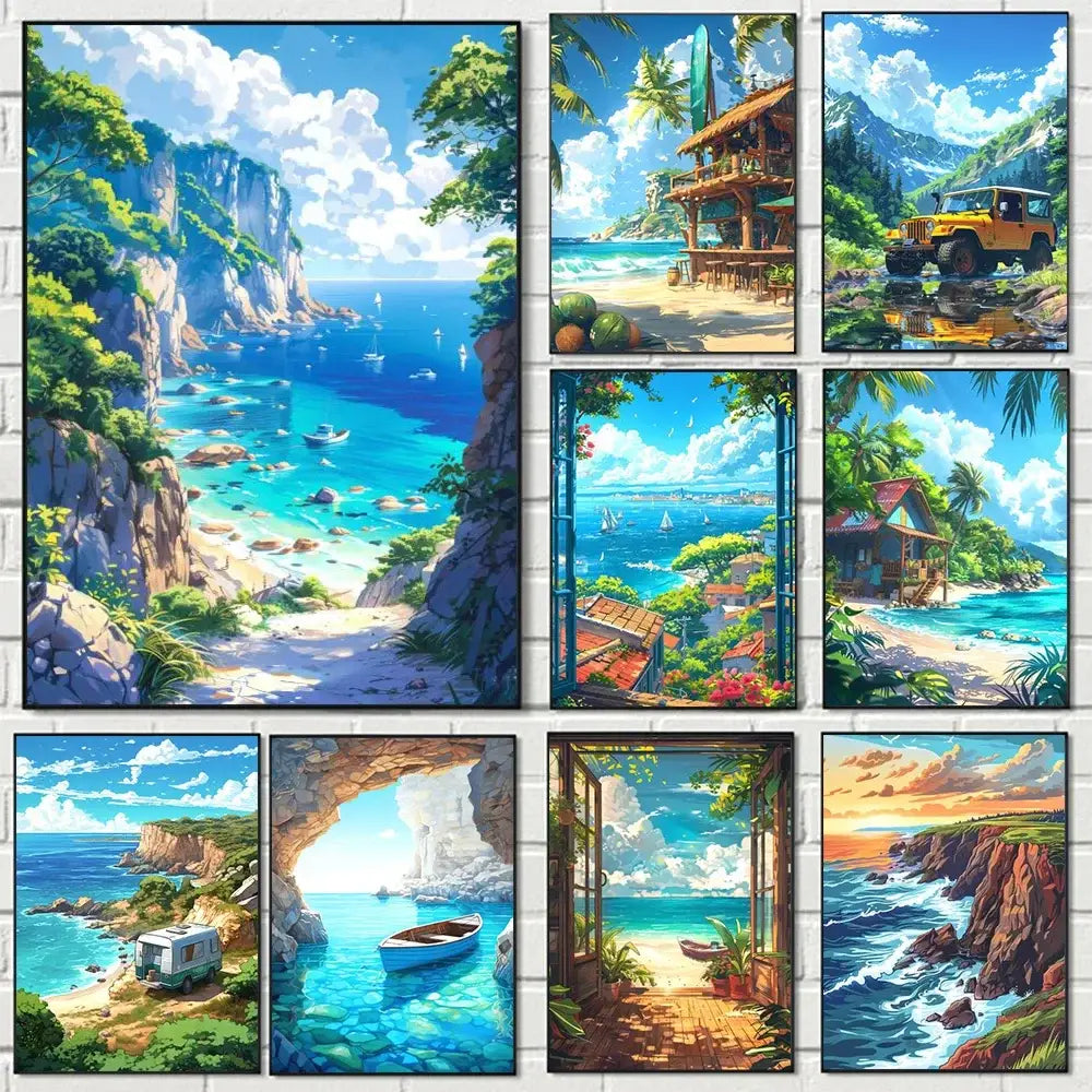 Set of nine vibrant tropical forest canvas wall art featuring beach and coastal scenes by DecorBites blue beach cabin forest canvas wall