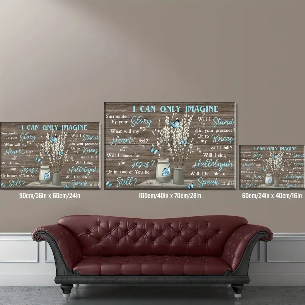 Three framed rustic wooden forest canvas wall art prints with blue butterflies and white flowers by decorbites
