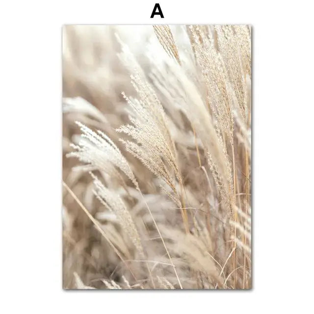 Beige and cream ornamental grass print on a rectangular canvas wall art for bohemia beach home decor by decorbites