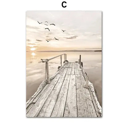 Decorbites™ beach landscape wall art featuring a weathered wooden dock with rope railings under a soft sunset sky
