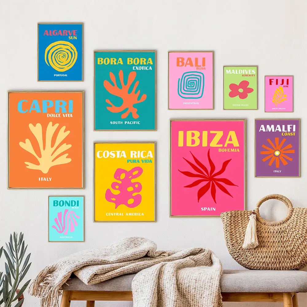 A woven straw tote bag with tassel handle featured alongside decorbites™ beach travel posters for living room decor