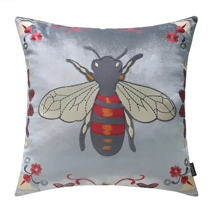 Silver velvet bee embroidery cushion cover with red and orange striped bee and floral motifs for living room decor