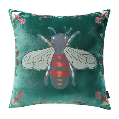 Emerald green velvet cushion cover featuring intricate bee embroidery with gray red and orange stripes for living room decor