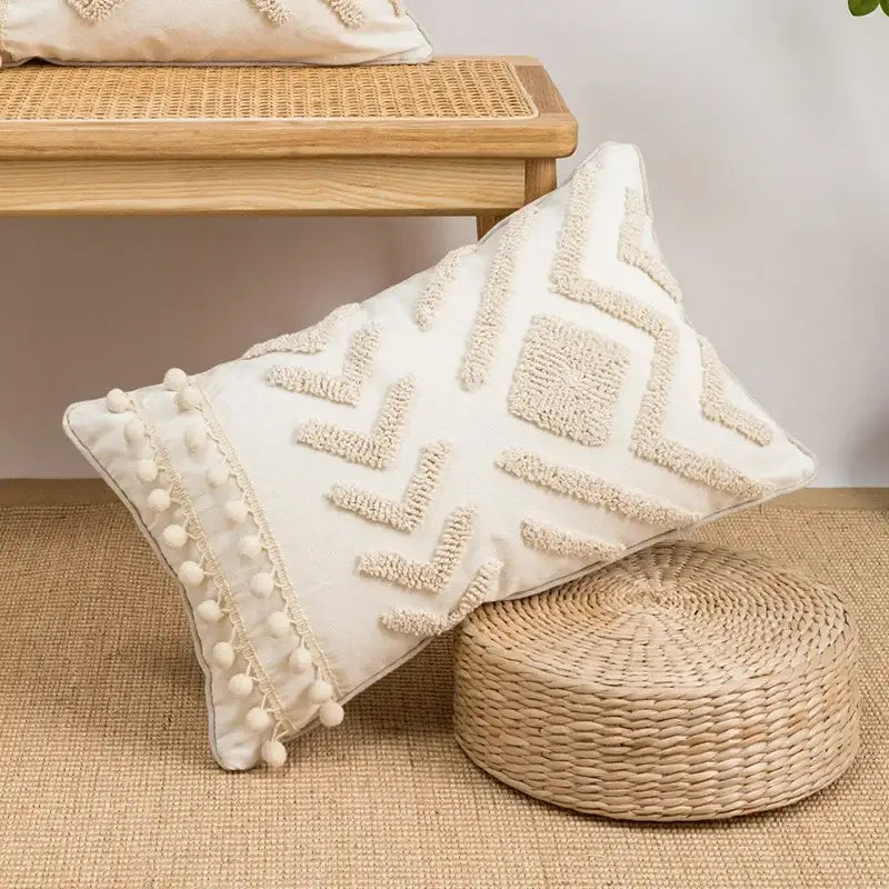 Beige and white cushion cover with decorbites geometric embroidery tassel and pom-pom border for living room decor