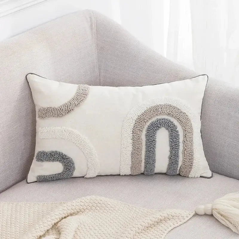 Beige and white geometric embroidery tassel cushion cover with textured tufted rainbow design for living room decorbites decor