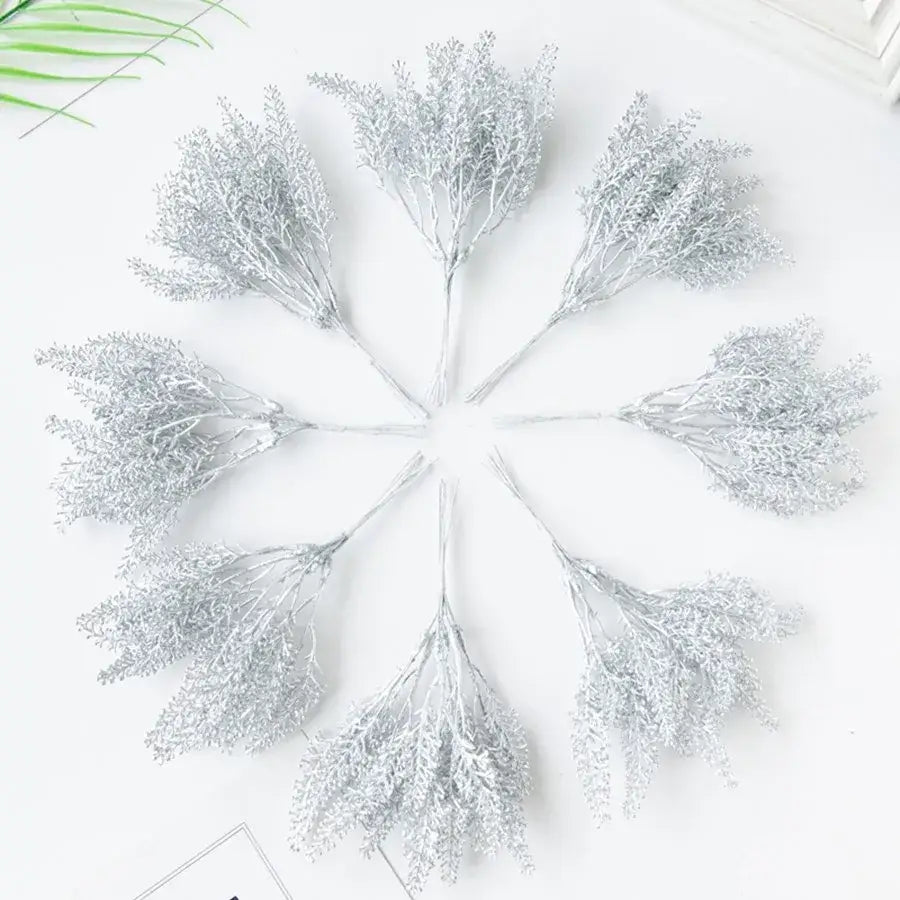 Silver glittery artificial plants arranged in a circular pattern featuring decorbites golden wheat ear stems for living room decor
