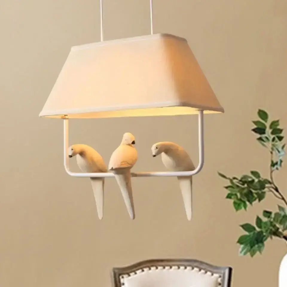 Beige bird cloth chandelier dining room rectangular pendant light with fabric shade and white ceramic birds decorbites bird cloth