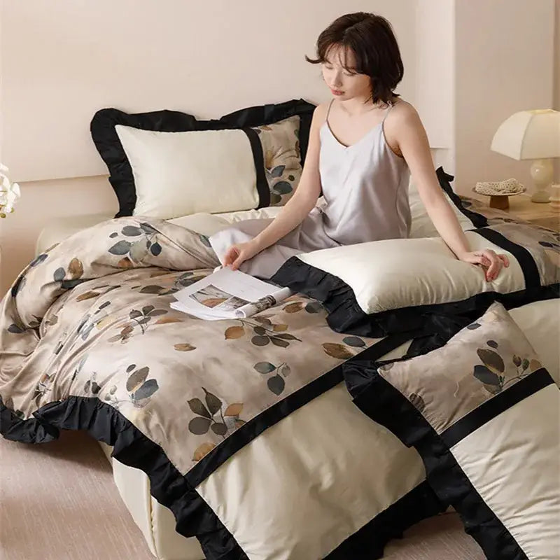 Beige and black leaf-patterned satin duvet bedding set with ruffled edges decorbites ice rayon summer material
