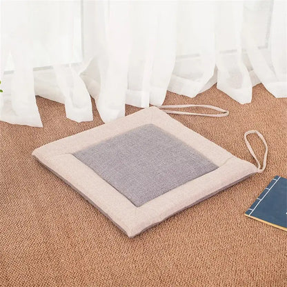 Beige and brown decorbites linen seat cushion with gray textured center and drawstrings for dining room chair pad