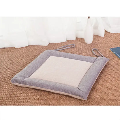 Beige and brown non-slip linen seat cushion with gray and beige fabric ties for dining room chairs from decorbites linen seat