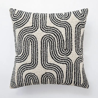 Beige and brown striped geometric line art cushion cover with bold black wavy looped yarn design for living room decorbites geometric line