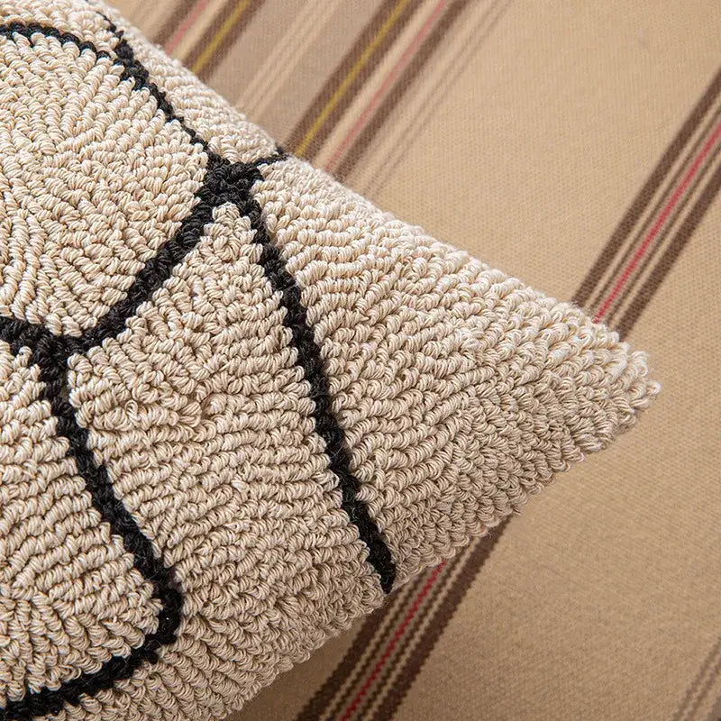 Beige and black textured cushion cover with decorbites geometric line art pattern for living room decor