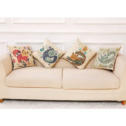 Four decorative beige cartoon cat linen throw pillows with whimsical designs for bedroom decorbites cartoon cat decor