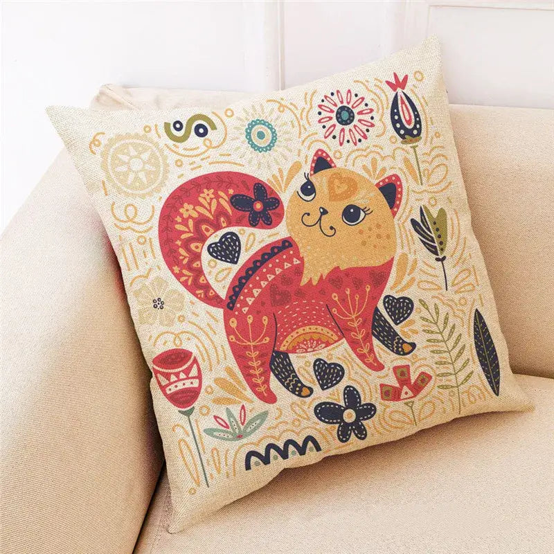 Beige cartoon cat linen pillowcase featuring a colorful stylized cartoon cat in red and orange for bedroom decor